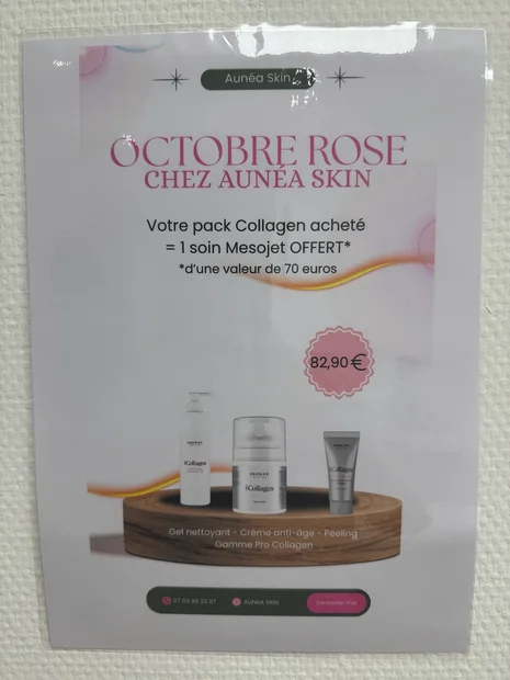 Affiche Aunéa Skin : pack Collagen à 82,90 euros, un soin Mesojet d’une valeur de 70 euros offert.